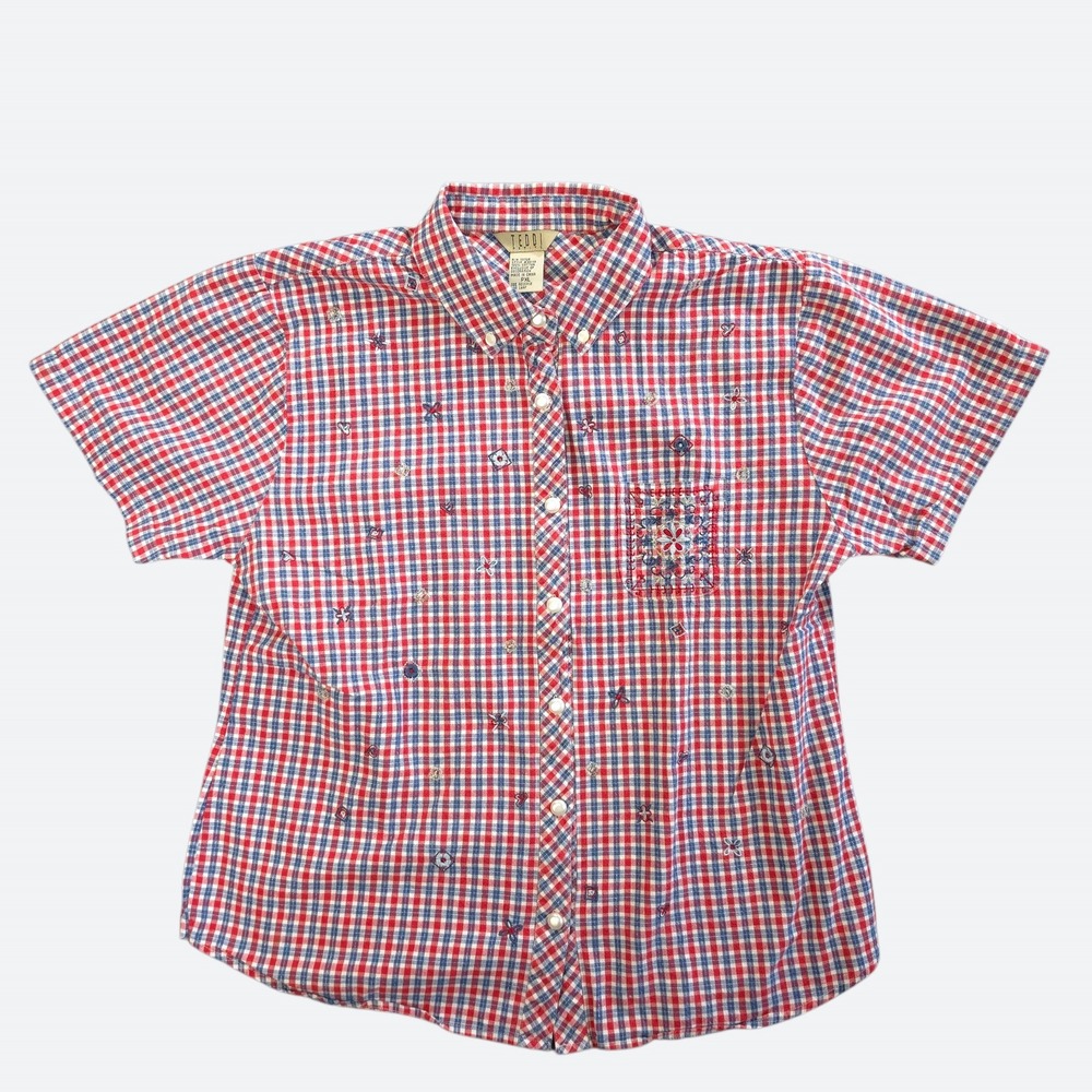 VTG Teddi Cottagecore Gingham Embroidered Shirt PXL Cotton Americana Red Blue